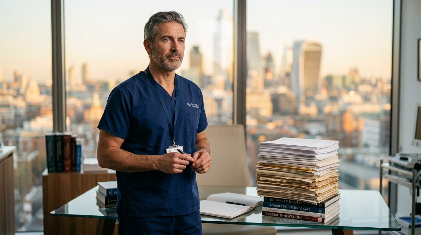 Experienced surgeon standing before a city skyline with a growing stack of published articles on a glass desk
