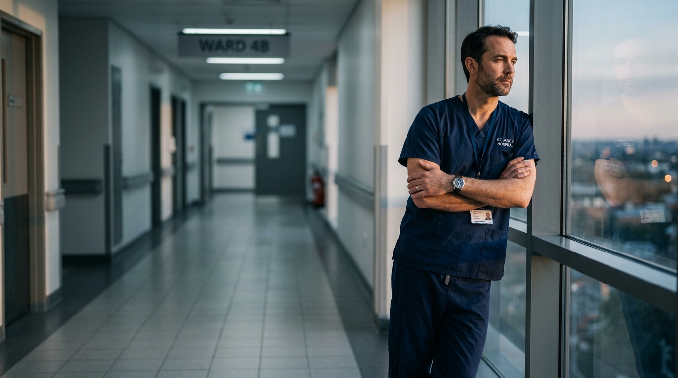 Mid-career surgeon standing in a hospital corridor at golden hour, looking out a window contemplatively