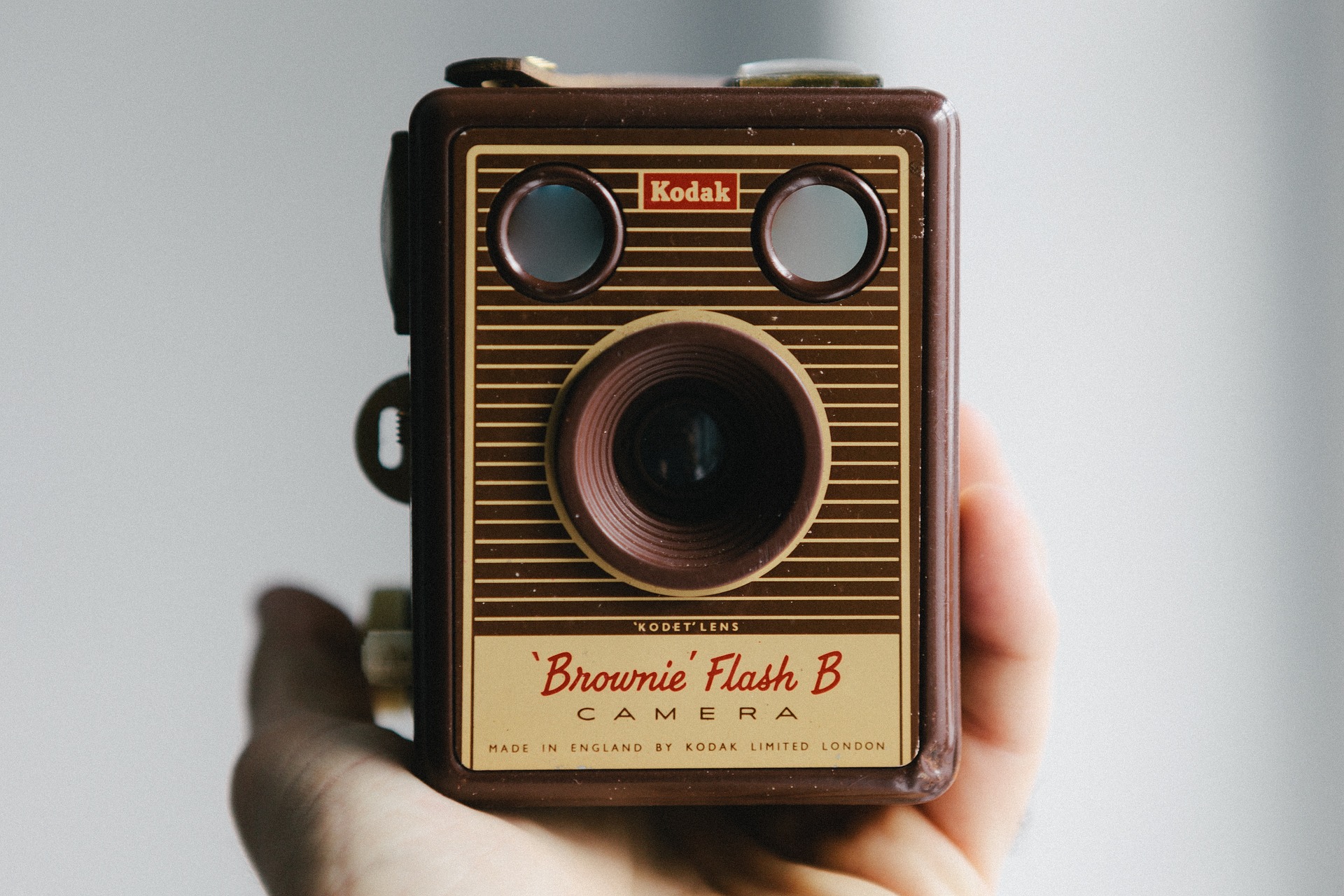 A hand holding a vintage Kodak Brownie Flash B camera, the kind of technology Kodak built and then buried for 25 years